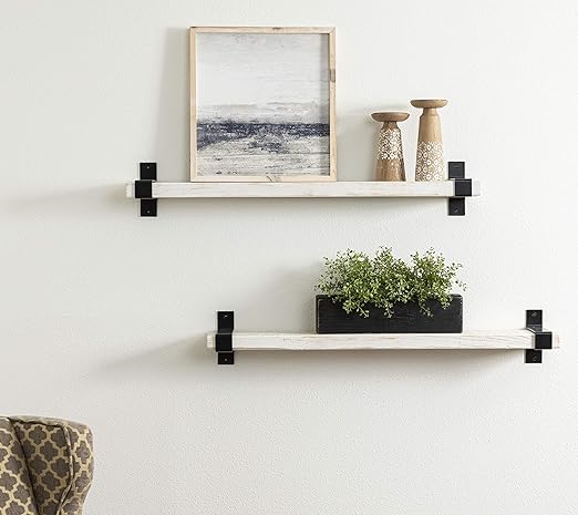 Amazon Com Del Hutson Designs Rustic Wood Industrial Brackets Wall Mounted Floating Shelves Storage Set For Home Office Dorm Bed And Bath Distressed White 36 Inch Home Kitchen