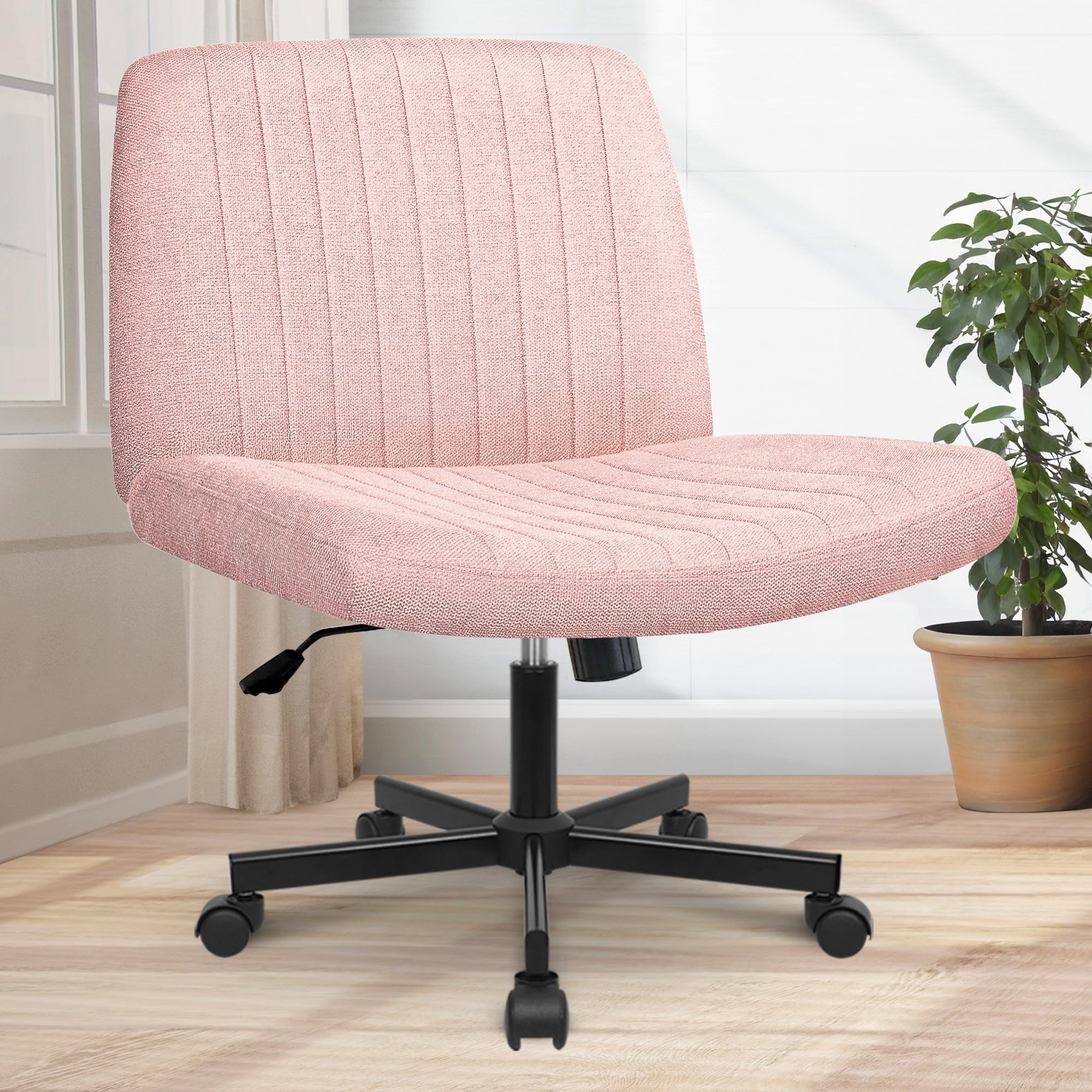 Orange Factory Criss Cross Chair Wheels Wide Cross Legged Office Desk Vanity Chair Comfy Fabric Armless Adjustable Swivel for Home Computer Task (Pink Wheel, Fabric)