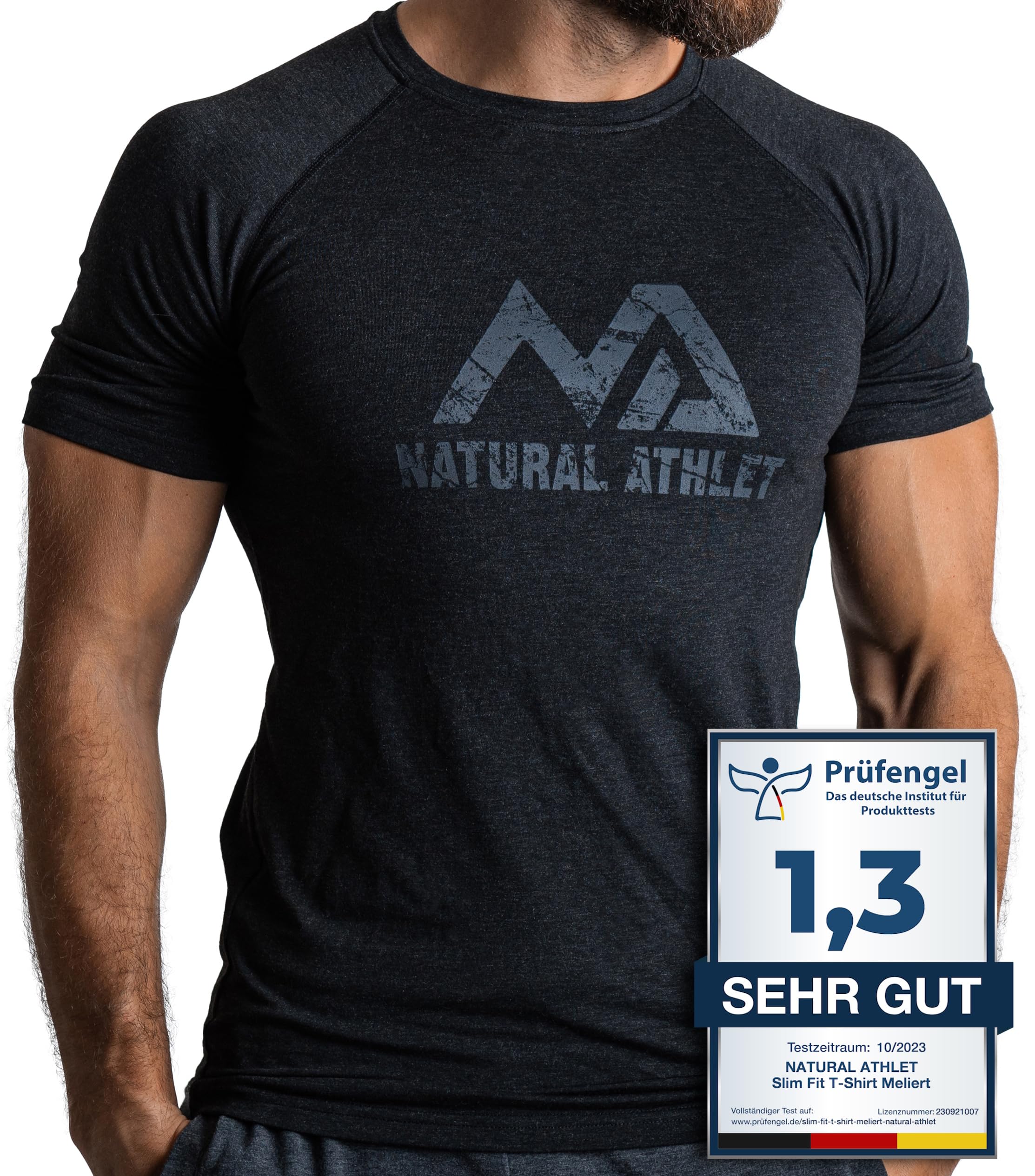 Herren Fitness T-Shirt meliert - Männer Kurzarm Shirt für Gym & Training - Passform Slim-Fit, lang mit Rundhals, Schwarz, M