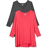 Amazon Essentials Women's 3/4 Sleeve V-Neck Swing T-Shirt (Available in Plus Size), Pack of 2