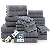 24-Piece Premium Towel Sets for Bathroom - 100% Cotton Bath Towels, 2 Bath Sheet, 2 Gym Towels, 2 Bath, 4 Fingertip, 6 Hand, 8 Washcloth, Hotel & Spa-Quality Design, Soft, Easy to Wash – Cool Grey
