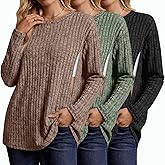 Sweetyweee 3 Pack Women's Nursing Shirts for Breastfeeding Zipper Ribbed Maternity Tops Lightweight Oversized Sweater