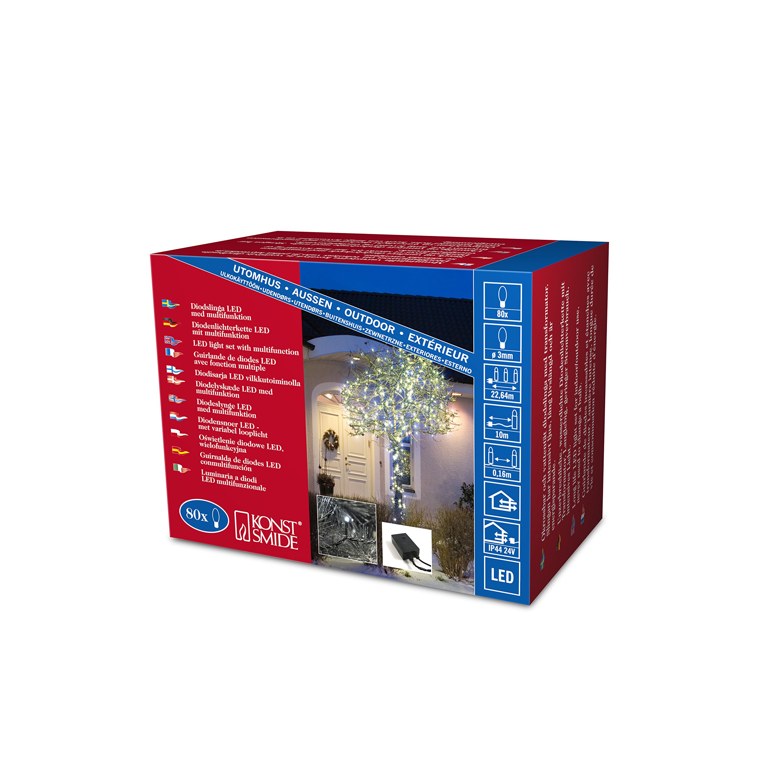 Konstsmide Micro LED Christmas Tree Lights/Outdoor or Indoor (IP44) / 24V Transformer Plug In / 80 Ice White Diodes/Multifunction 8 Settings Including Static/Black Cable String Lights, 3614-200EE