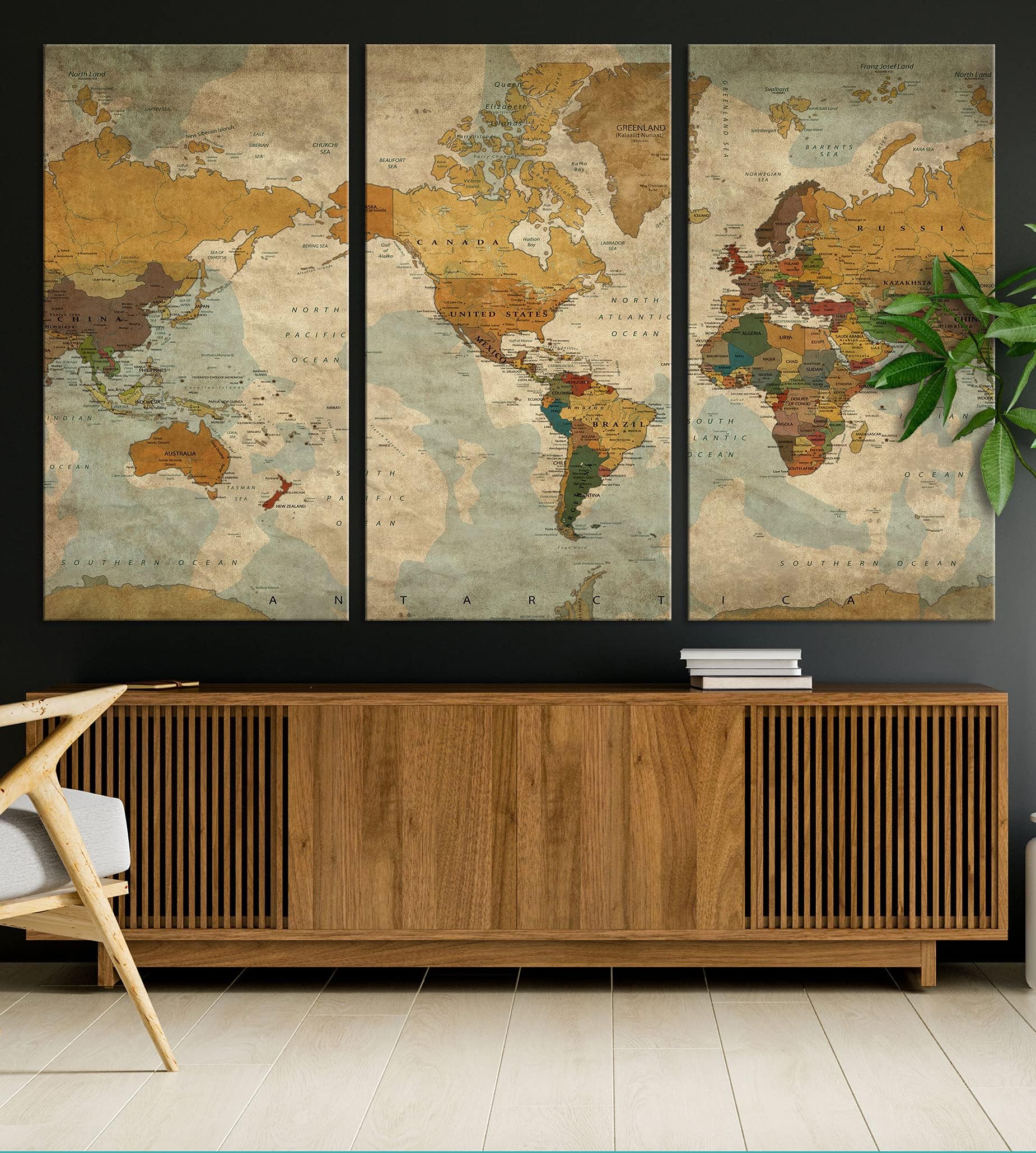 World Map Canvas Wall Art, Large Map of World Canvas Art Print for Home Decor Framed Push Pin World Map Travel Map Living Room Dining Room Home Office Decor Artwork Painting on Canvas (17)