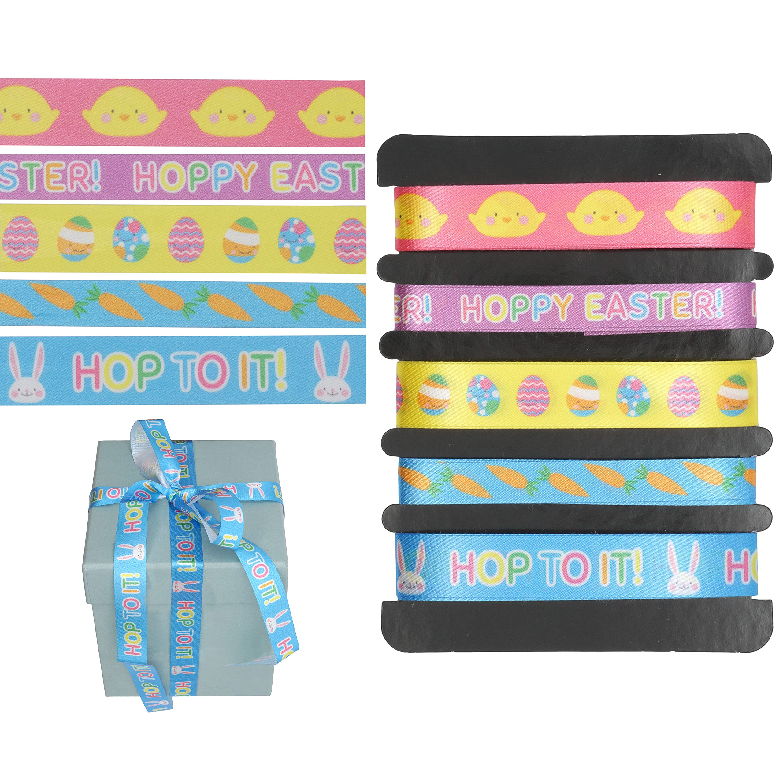 5PCS Easter Ribbons – Polyester Craft Ribbons for Bows, Gift Wrapping, Sewing & Party Decor – Easter Bunny & Egg Themed Ribbon for Holiday & Wedding Decorations, 1.5m