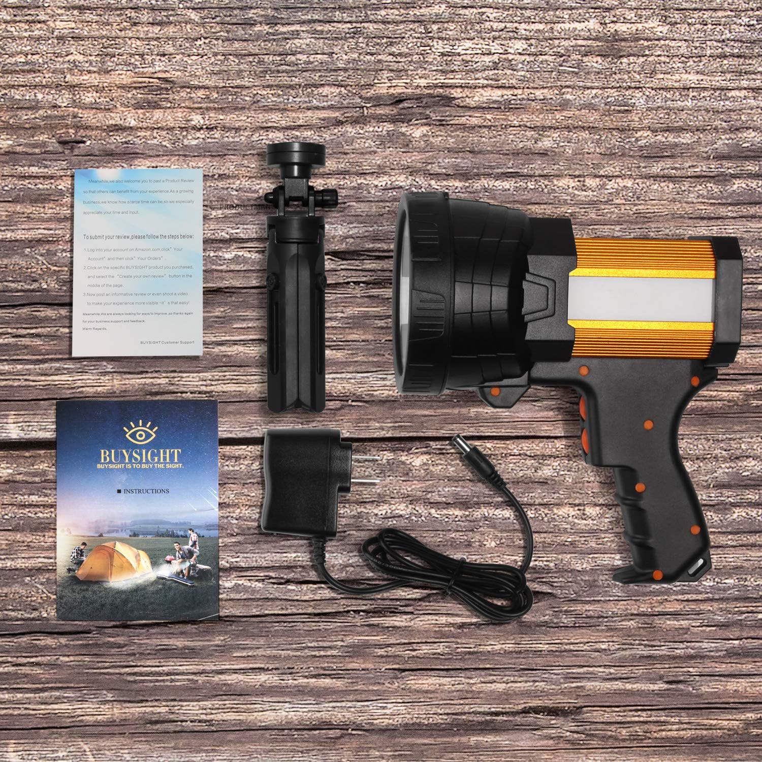 BUYSIGHT Rechargeable spotlight, Spot lights hand held large flashlight 6000 lumens handheld spotlight Lightweight and Super bright flashlight (Aluminium_Alloy Golden) - - 