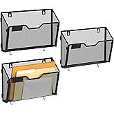 YINGHUA 3 Pack Mesh File Holders Wall Mounted - Durable Metal Hanging Organizer with Hooks - 12.6 Inch Vertical Wall Baskets for Mail Papers Office Home and School Storage - Black