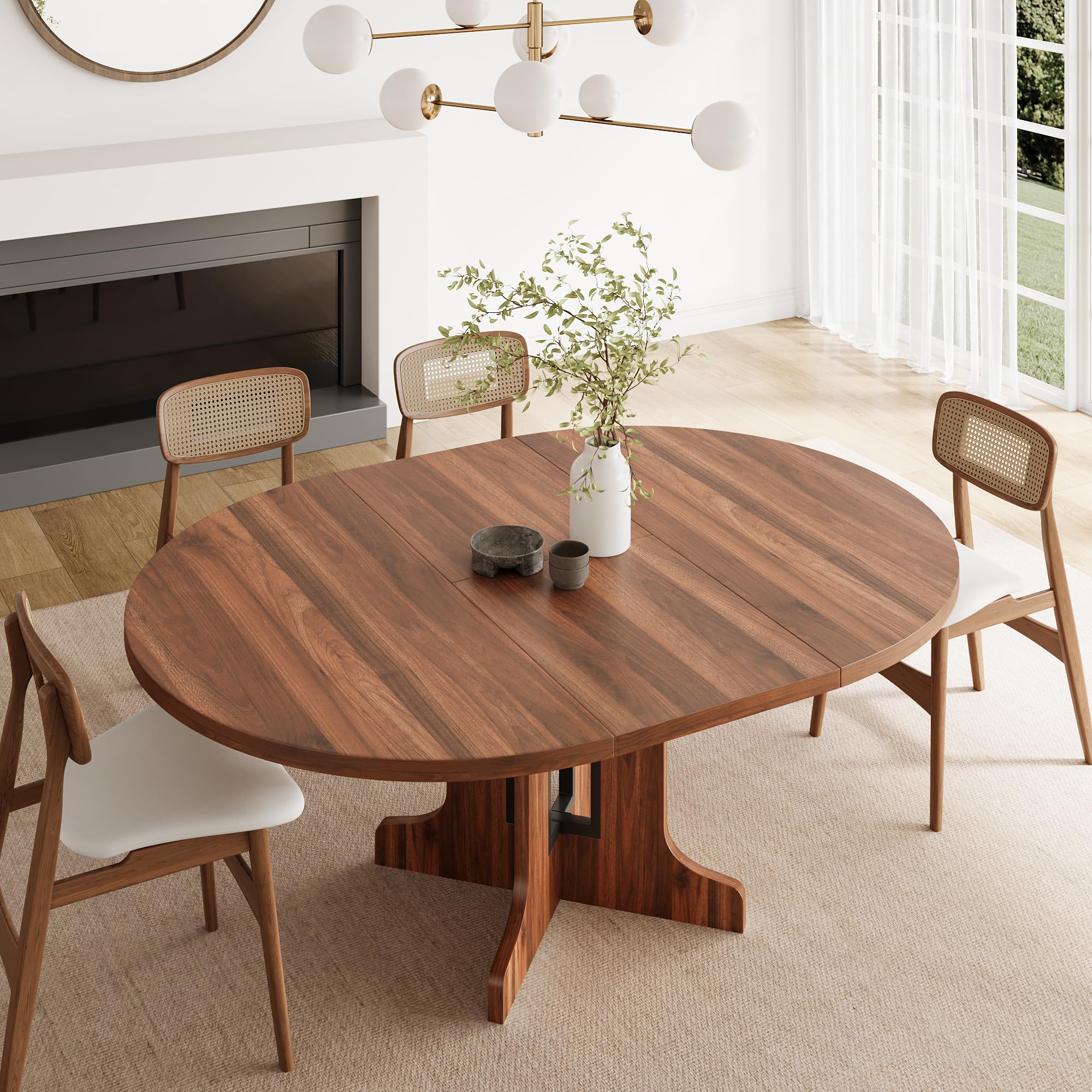 Photo 1 of Feonase 59" Round Extendable Dining Room Table for 6, Modern Oval Kitchen Table with Heavy Duty Wood Base, for Kitchen Dining Living Room, Easy Assembly, Noise-Free, Walnut