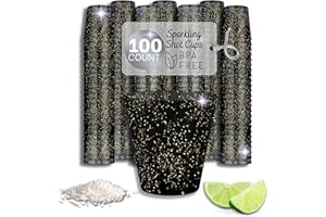 Stumbelina 100 BLACK & GOLD SPARKLE SHOT GLASSES | 1oz Disposable Drink Party Cups |Plastic Shiny Jello Shooters