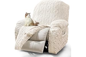 JOKIVTOU Recliner Chair Covers 4-Pieces, Soft, Stretchable, White, Modern Home Decor, Furniture Protector with Elastic Straps Bottom, Storage Pocket on Arm Cover