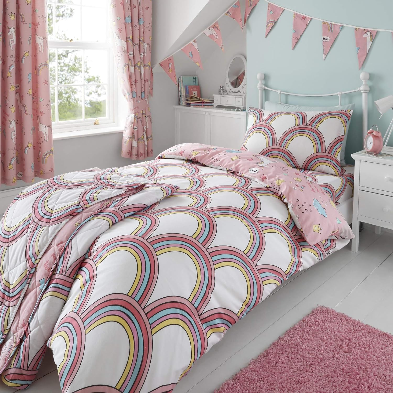Girls Kids Unicorns Rainbows Pink Single Reversible Duvet Cover Bedding Set - Image 3