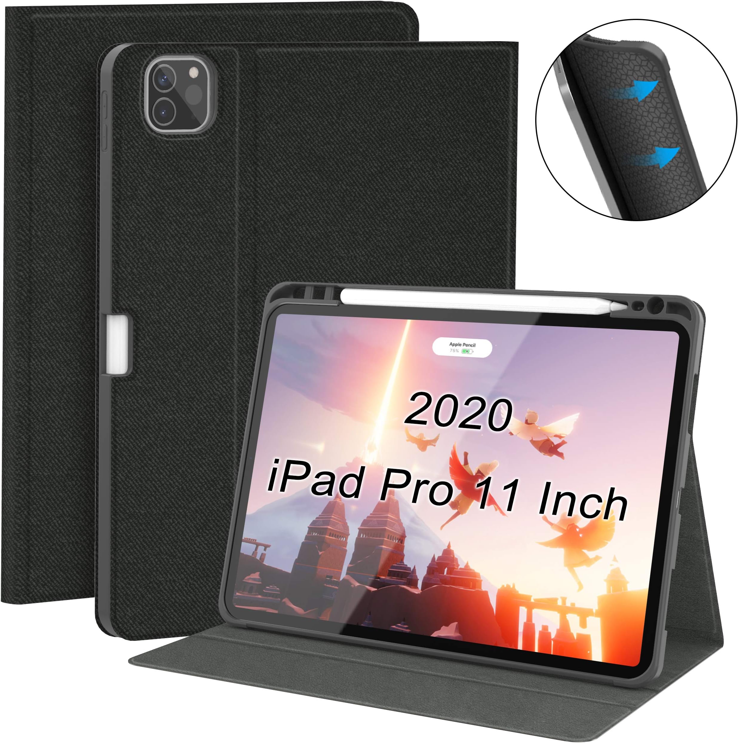 Supveco iPad Pro 11 Inch Case 2020/2018, Denim Protective Stand Cover with Pencil Holder, Auto Wake/Sleep Cover for iPad Pro 11'' 2nd/1st Generation, Black