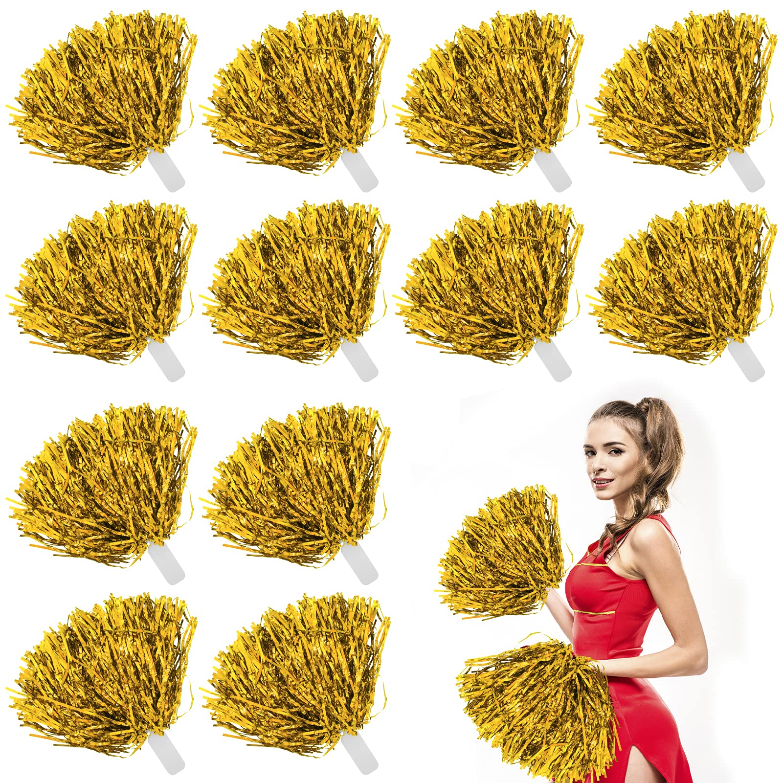 JC-Houser 12Pcs Metallic Cheerleading Pom Poms with Cozy Handle, Adorable Cheerleader Pompoms Hand Flowers for Kids Adults Ball Dance Sports Team Spirit Cheering Fancy Dress Night Party (Gold)