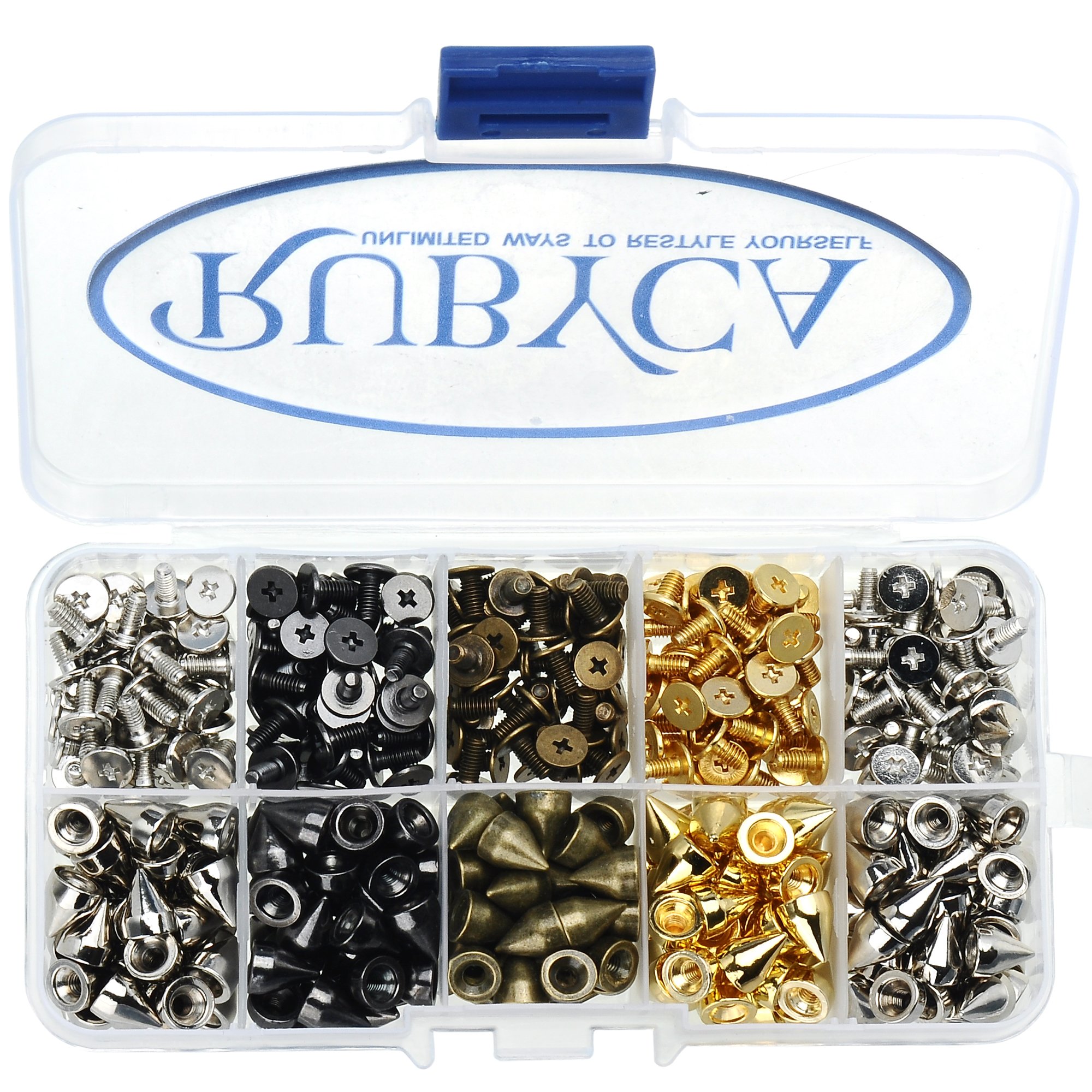 RUBYCA Metal Cone Spikes and Studs Screw-Back 9mm 200 Sets Leathercraft Kit w/Container Box Mixed Colors (Black, Silver, Gold, Bronze) — image 1