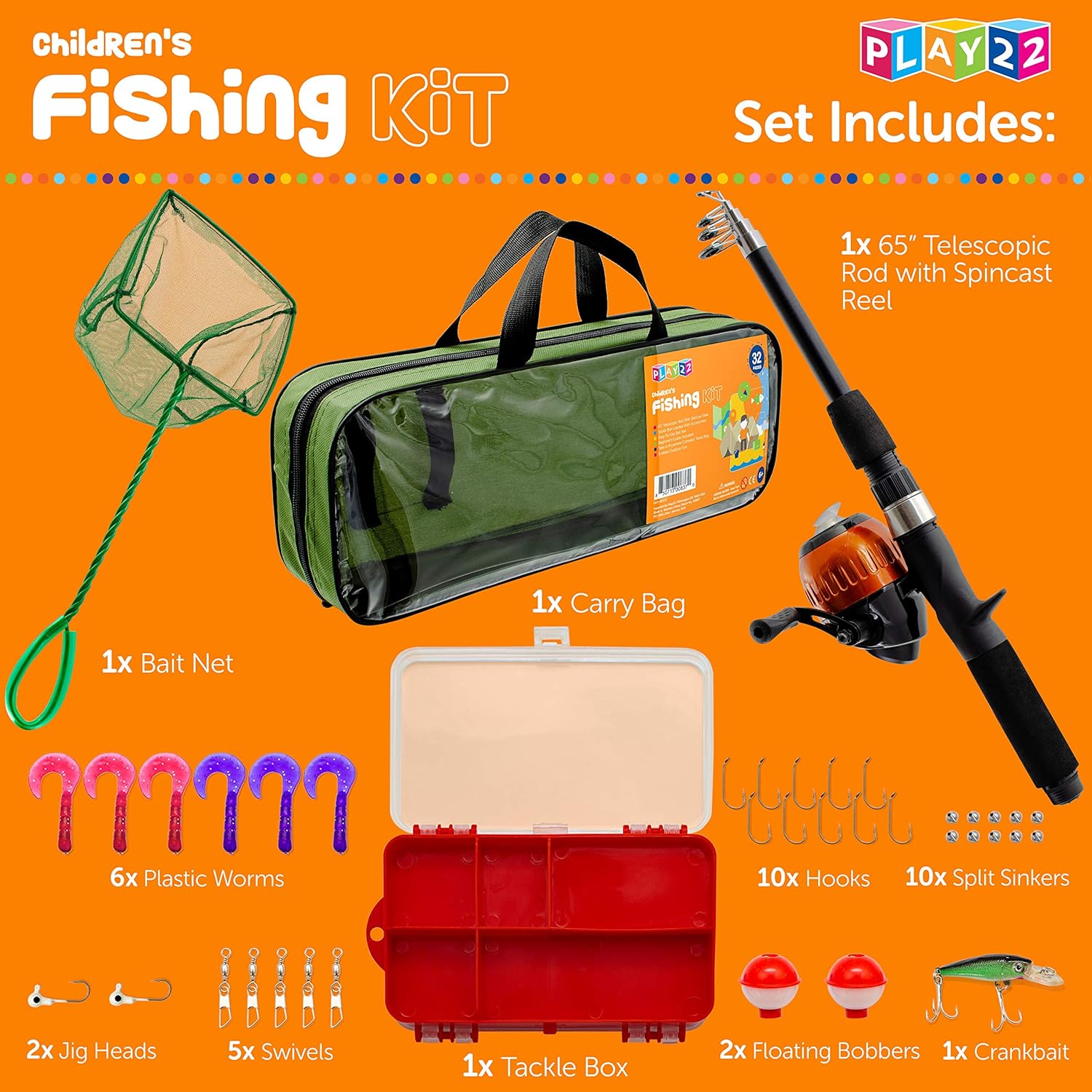 Play22 Fishing Pole For Kids - 40 Set Kids Fishing Rod Combos - Kids Fishing Poles Includes Fishing Tackle, Fishing Gear, Fishing Lures, Net, Carry On Bag, Fully Fishing Equipment - For Boys And Girls : Sports & Outdoors