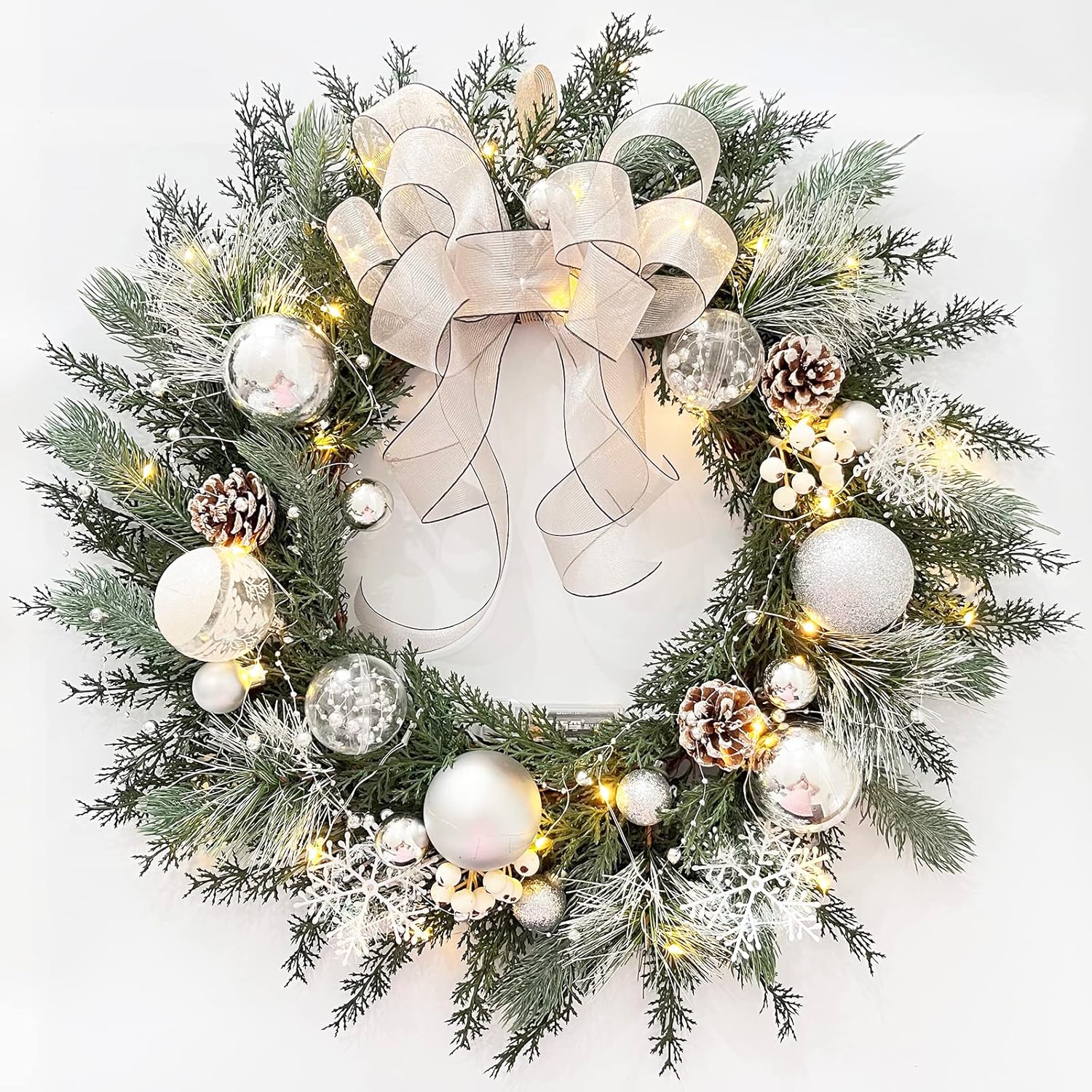 Wreaths, Garlands & Swags - Prelit Christmas Wreath with White Bow and Ball Ornaments, TOKCARE 20 Inch Christmas Wreath with Lights for Front Door Battery Operated Timer 40 LED Lights, Holiday Decoration for Fireplace Xmas Decor