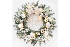 Prelit Christmas Wreath with White Bow and Ball Ornaments, TOKCARE 20 Inch Christmas Wreath with Lights for Front Door Battery Operated LED Lights, Holiday Decoration for Fireplace Xmas Decor