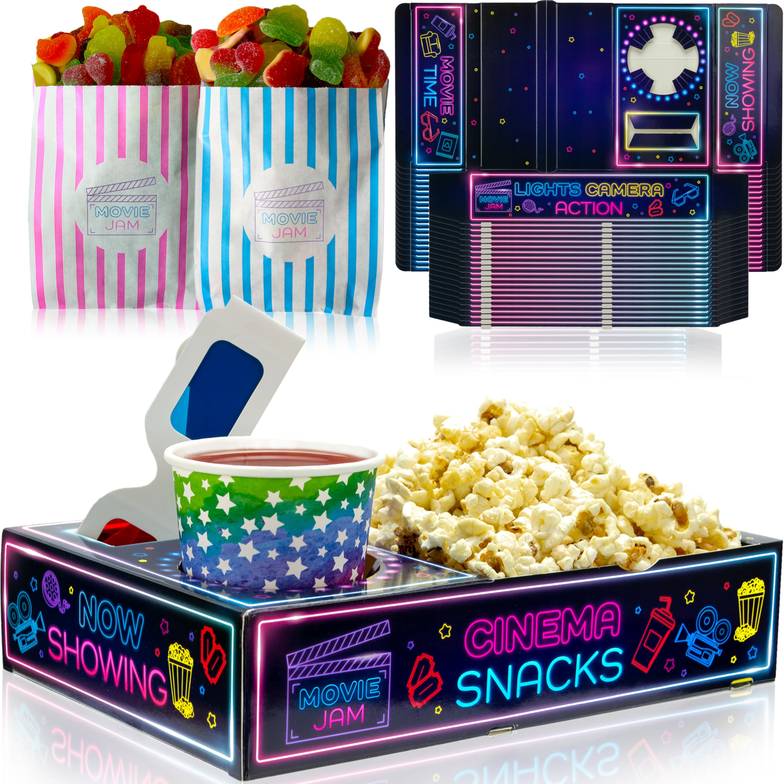 Moviejam Movie Night Snack Trays – Neon Edition | 20 Durable Popcorn Boxes, 20 Candy Bags & Free Movie Ticket Invitations
