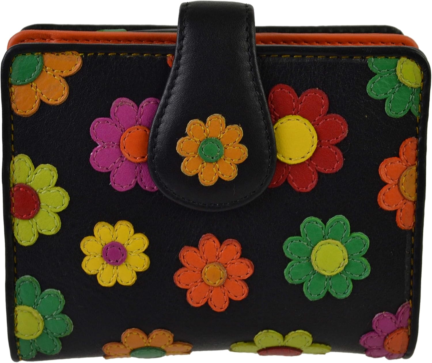 Visconti Ladies Leather Small Flower Design Tabbed Purse Wallet Daisy Collection Gift, Black
