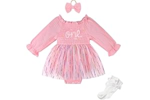 Miipat Baby Girl 1st Birthday Outfit Long Sleeve Tulle Romper Dress Cake Smash Clothes with Headband Socks