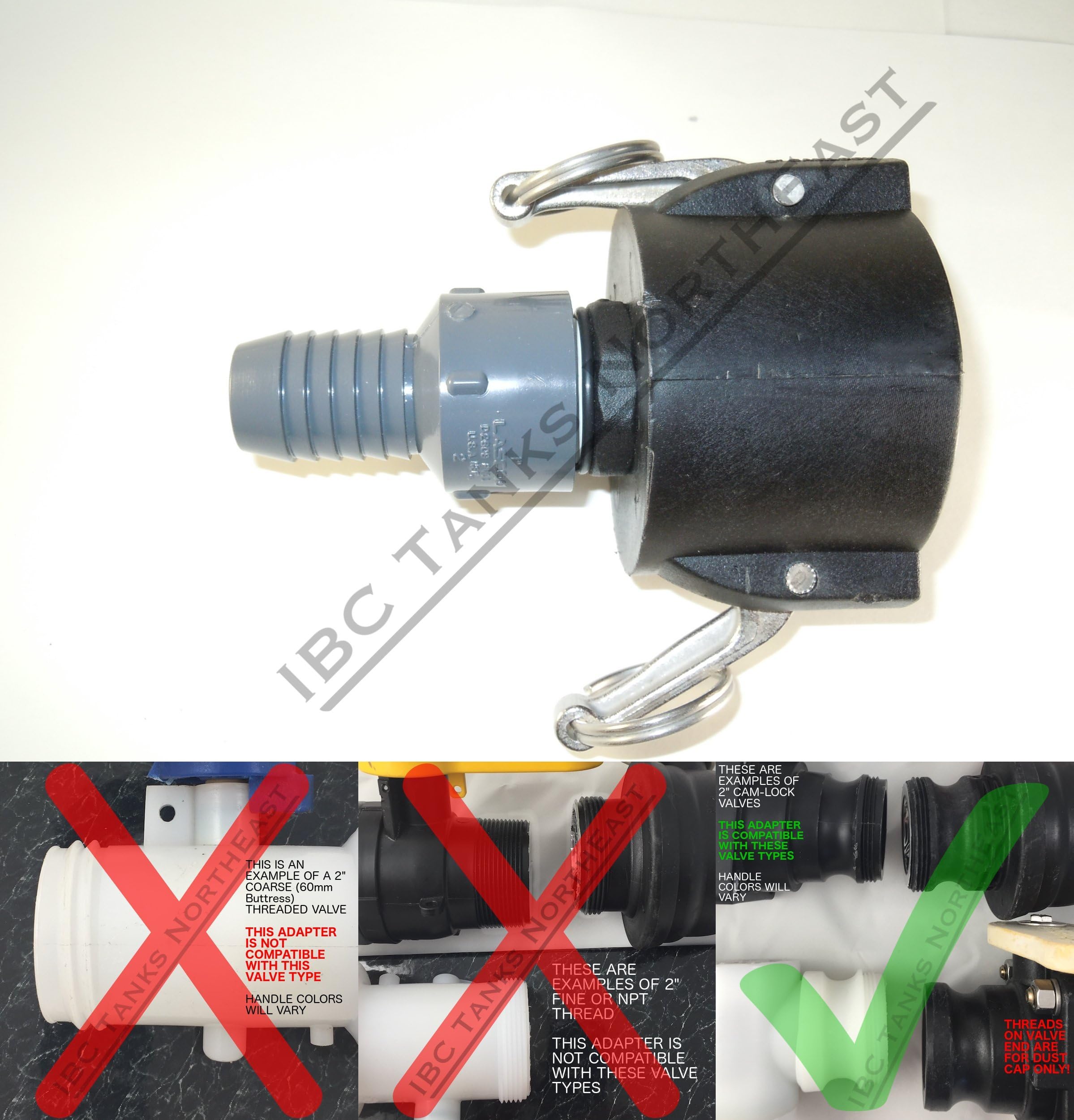 UKC 275/330 IBC Tote Drain Adapter 2" Cam-Lock x 1" Hose Barb
