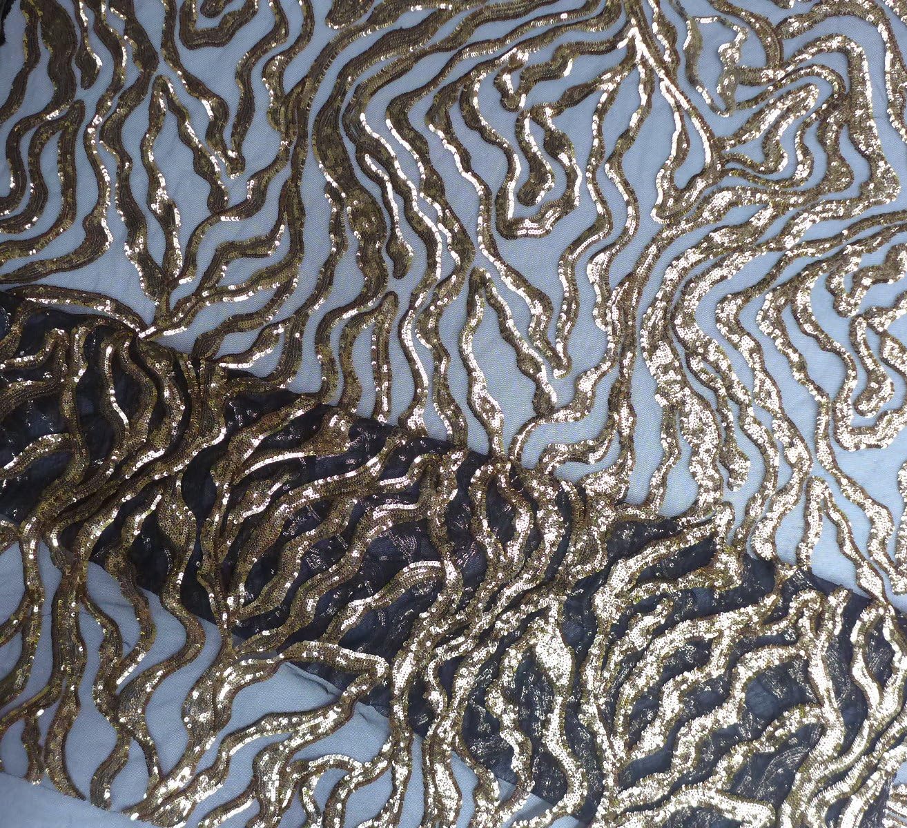 Green/silver/gold Sequins on Black Netting Embroidered Show/evening/stage Dress Fabric 51 Inches Width By the Yard (Gold)