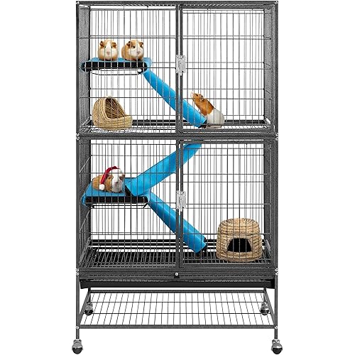 YAHEETECH Rolling Ferret Nation Cage - 2-Story Metal Small Animal Cage for Chinchilla Adult Rats Guinea Pigs Cage w/ 2 Removable Ramps/Platforms Black