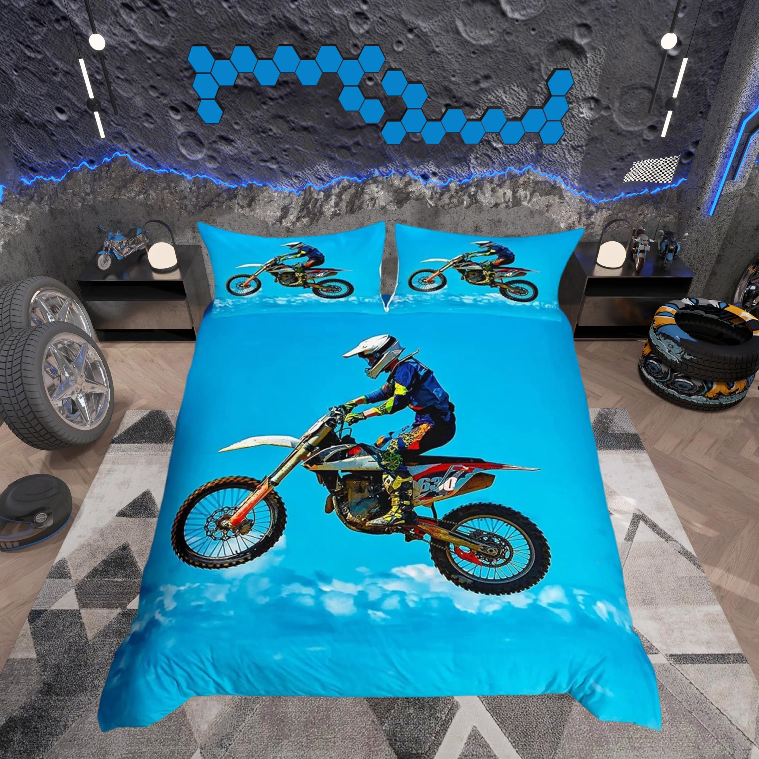 Loussiesd 3D Motocross Racer Duvet Cover Set Dirt Bike Extreme Sports Bedding Set for Kids Boys Men Racing Motorcycle Comforter Cover Blue Sky Quilt Cover Bedroom Collection 2Pcs Single Size — image 1