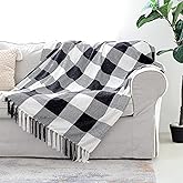 Black White Buffalo Plaid Decor Blanket, Lightweight Soft Chenille Check Knitted Rustic Farmhouse Throw with Tassels for Couch Sofa Chair Bed Office Home, Black and Ivory, 50" x 60"