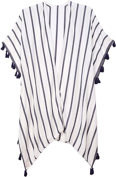 Swk Damen Weiss Mit Denim Look Streifen Kimono Strand Cover Up One