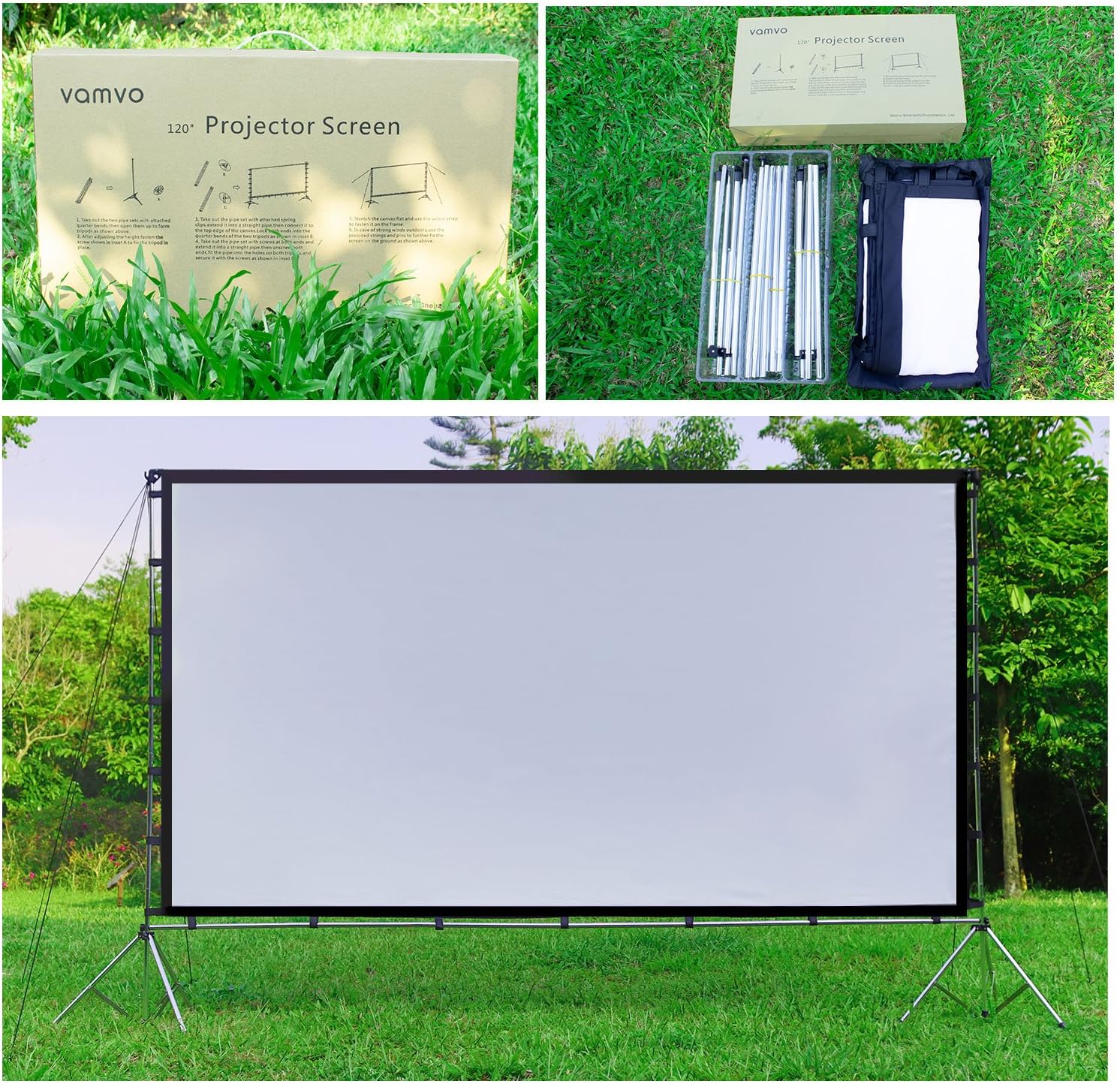 Vamvo Outdoor Indoor Projector Screen with Stand Foldable Portable Movie Screen 120 Inch (16:9) Full-Set Bag for Home Theater Camping and Recreational Events (120inch): Office Products