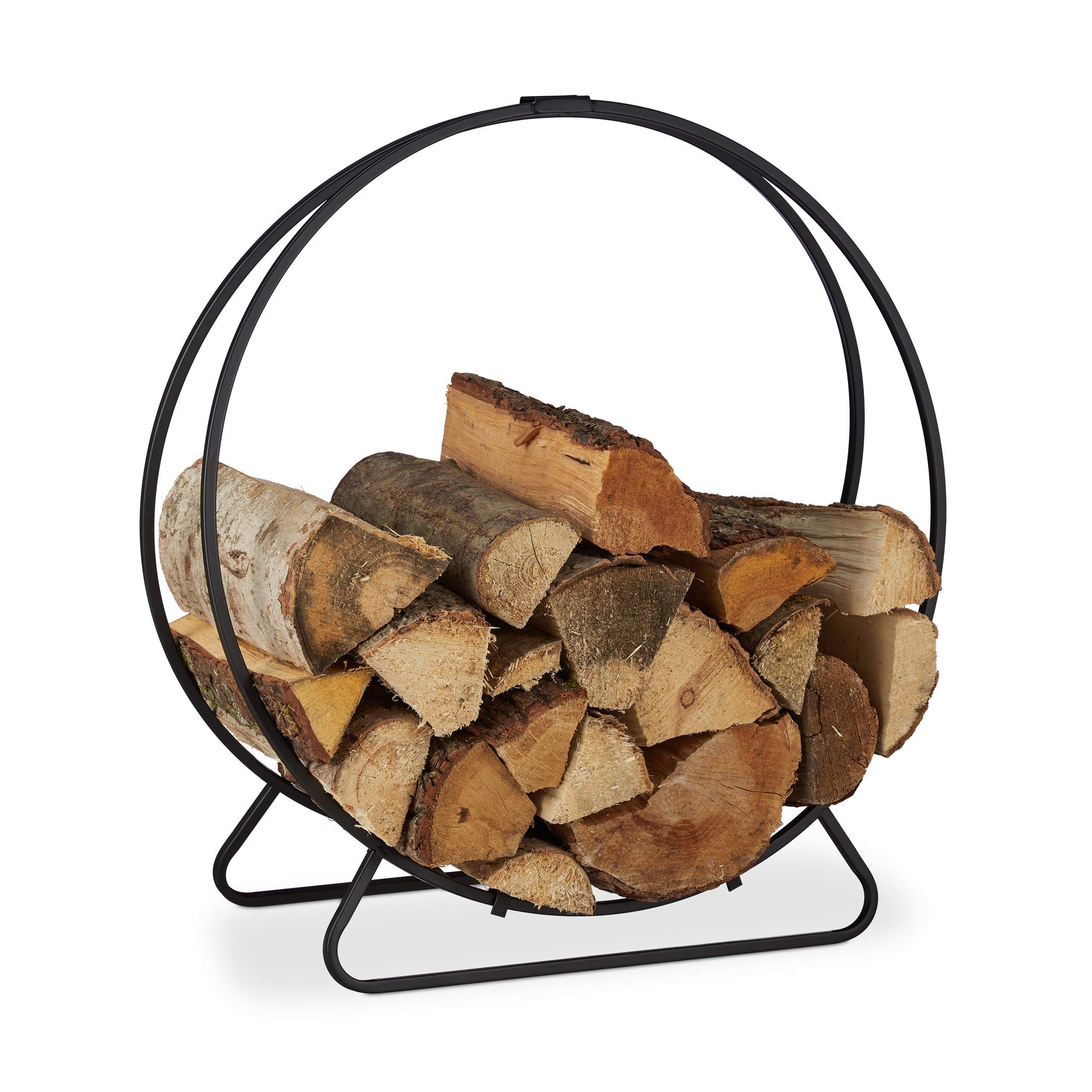 Relaxdays Firewood Rack, Round Log Cradle, Stacking Aid, Steel, Indoor Use, HxWxD 65x61x26 cm, Black