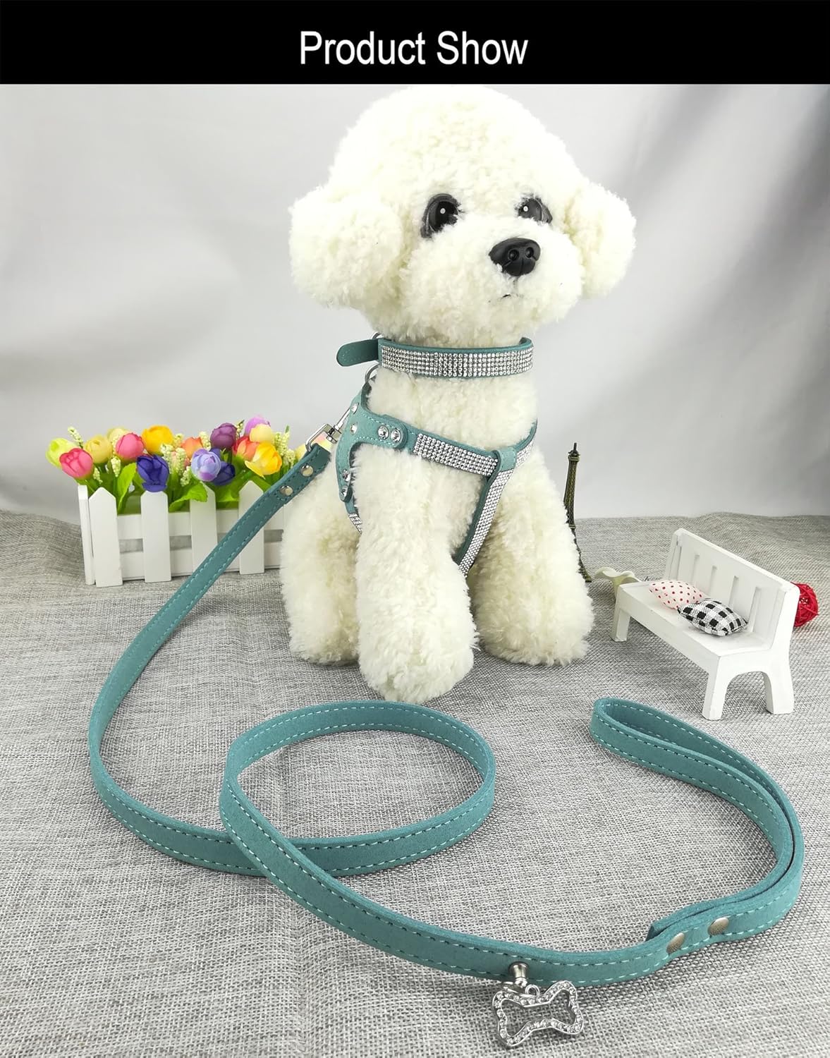 Newtensina Dog Collar & Harness & Lead Sets Fashion Dog Collar Diamante with Harness & Leashes Comfortable Soft Collar Harness and Leashes Set for Dog - Image 4