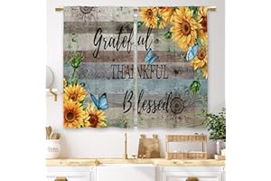 Laifzere Farmhouse Sunflower Kitchen Curtains Rustic Teal Wooden Small Short Cafe Window Curtains Quote Country Flower Rod Pocket Bathroom Window Drapes Treatment Tier Curtains 2 Panels (27.5x39 Inch)