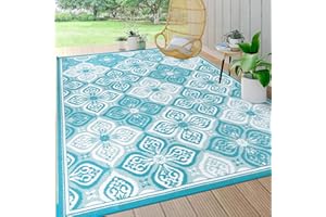 Pauwer Waterproof Outdoor Rug 8x10, Reversible Plastic Straw Patio Camping Rug, Indoor Outdoor RV Mat Carpet for Deck, Camper, Porch, Balcony, Backyard, Picnic, Clover Teal