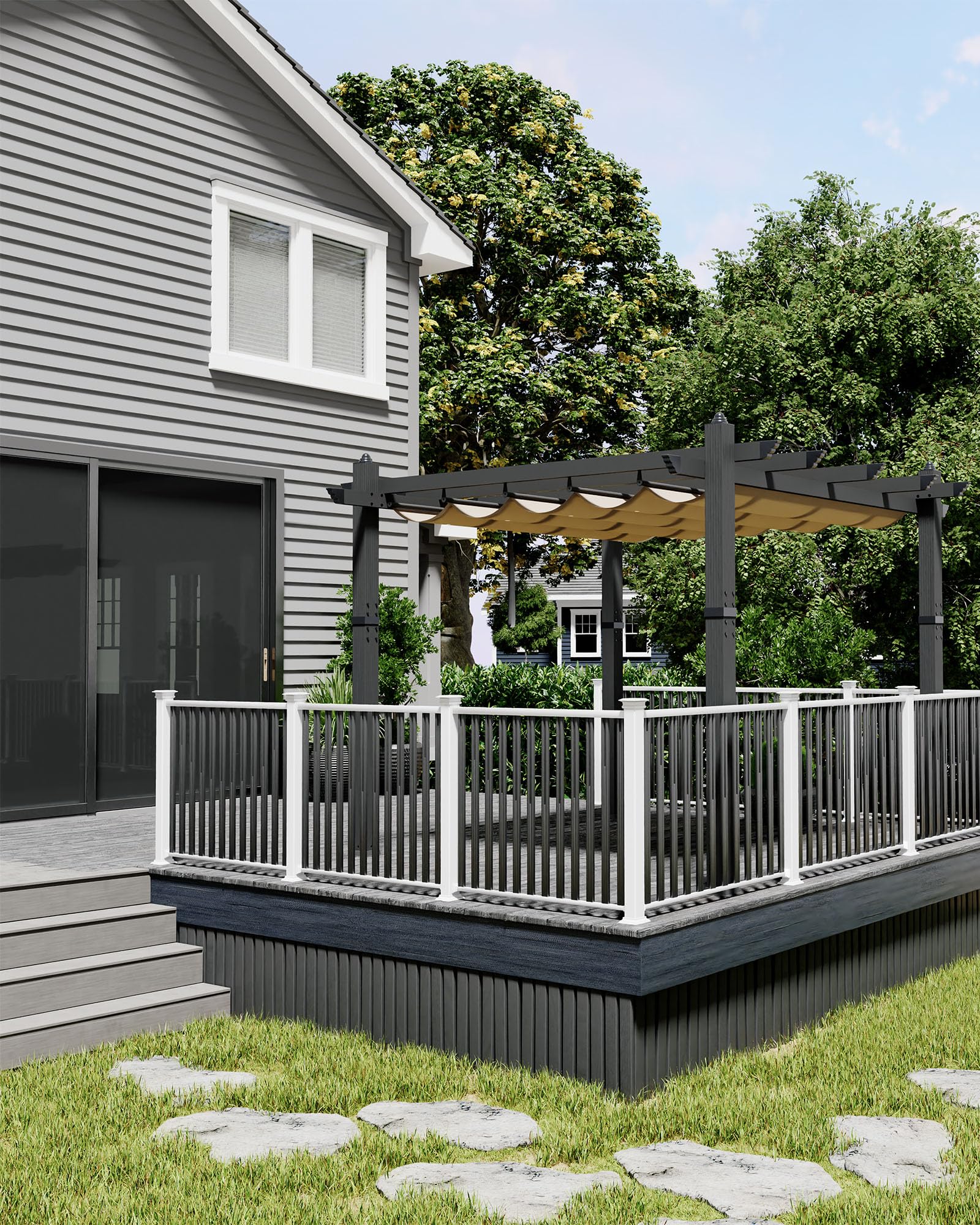 KYBOLT 10×10 Ft Outdoor Pergola Metal Gazebo with Retractable Canopy for Backyard Deck Patio Porch Grape Trellis(Khaki)