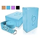 Premium Yoga Blocks & Metal D Ring Strap Yogi Set (3PC) 2 Pack High Density EVA Foam Blocks to Support & Deepen Poses, Improve Strength, Flexibility & Balance - Lightweight, Odor & Moisture Resistant
