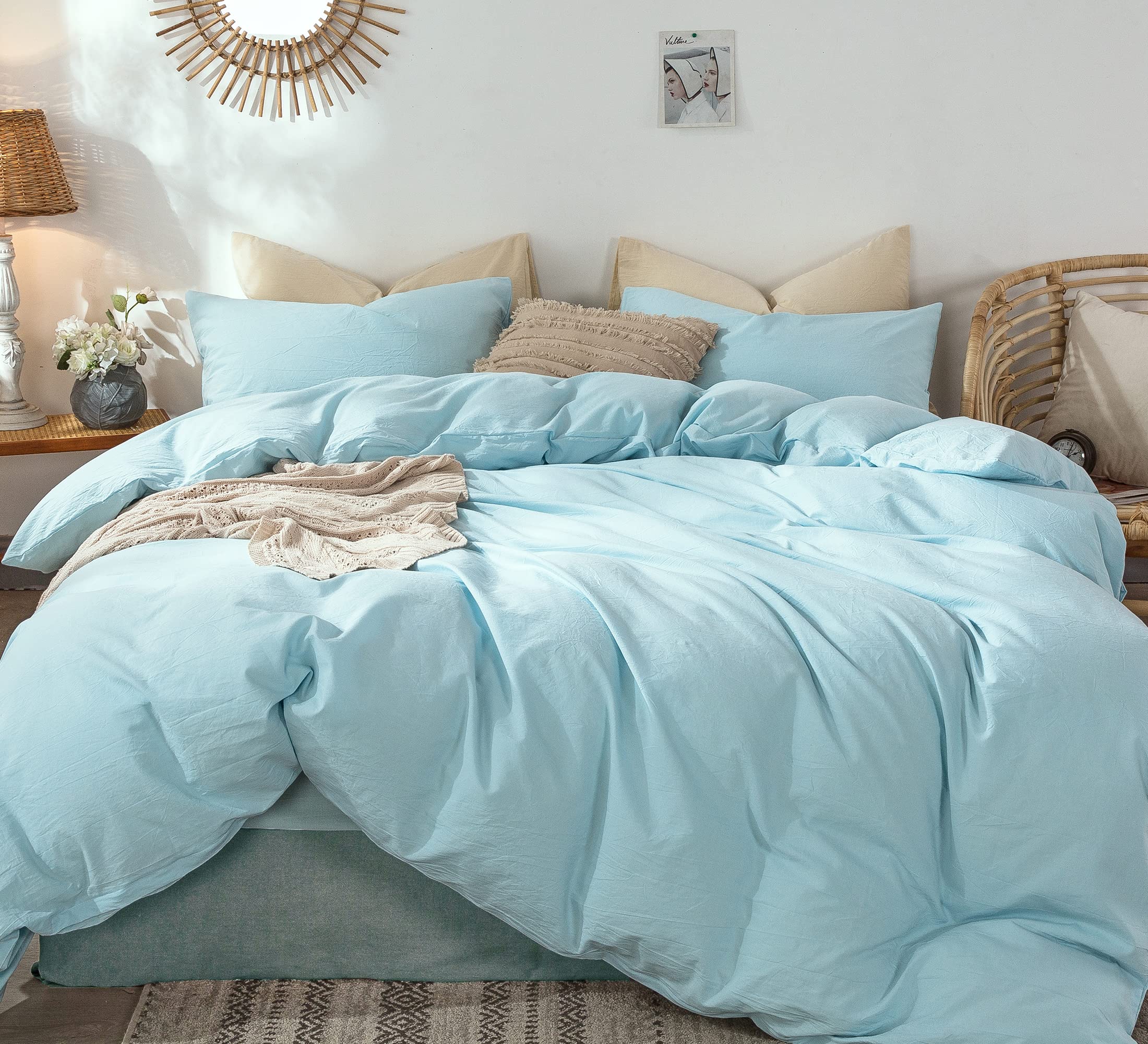 Photo 1 of MooMee Bedding Duvet Cover Set 100% Washed Cotton Linen Like Textured Breathable Durable Soft Comfy (Heathered Light Blue, Twin 68"x90")