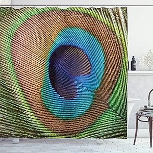 Ambesonne Peacock Shower Curtain, Macro Size Peafowl Feather Plume Realistic Exotic Animal Themed Pattern, Cloth Fabric Bathroom Decor Set with Hooks, 84