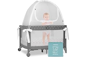 Pro Baby Safety Premium Pack n Play Tent, Mini Crib Tent to Keep Baby from Climbing Out, Auto Pop Up Pack and Play Tent with Auto-Lock Zippers, Thick Velvety Breathable Mesh (Geometric Cubes)
