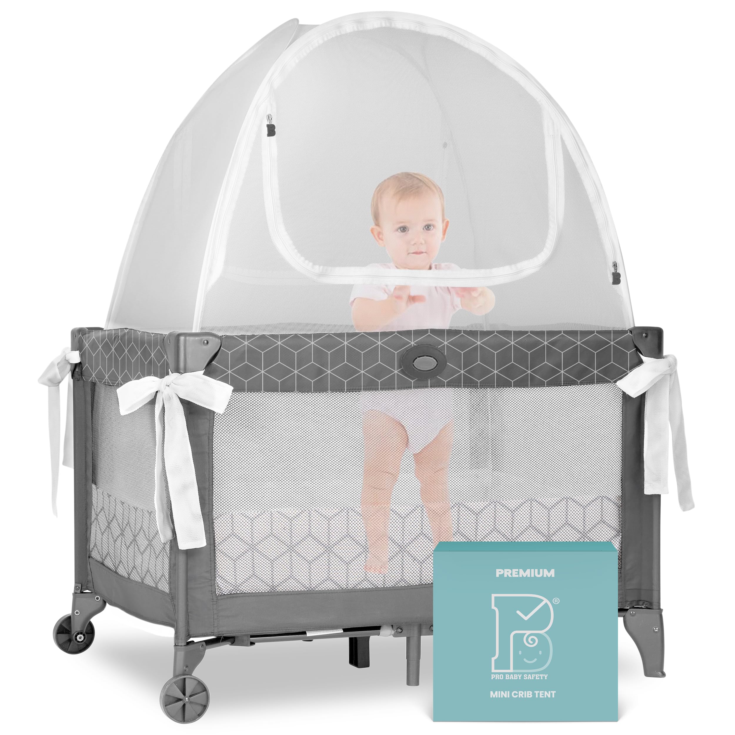 Pro Baby Safety Premium Pack n Play Tent, Mini Crib Tent to Keep Baby from Climbing Out, Auto Pop Up Pack and Play Tent with Auto-Lock Zippers, Thick Velvety Breathable Mesh (Geometric Cubes) Image