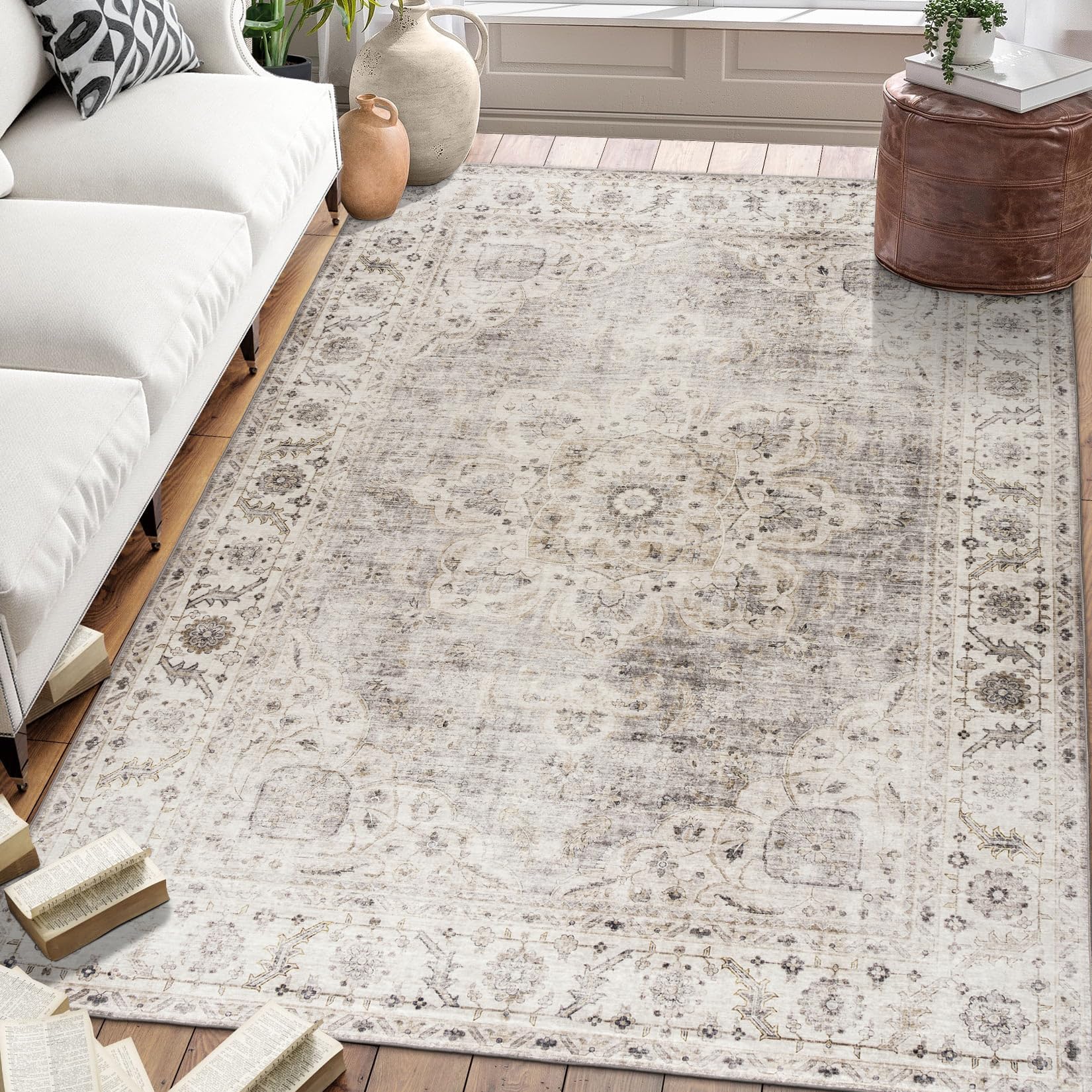 Photo 1 of ReaLife Rugs Machine Washable Area Rug - Stain Resistant,Non-Shed - Eco-Friendly,Non-Slip, Family & Pet Friendly - Made from Premium Recycled Fiber - Vintage Bohemian Medallion - Beige Ivory, 3' x 5'