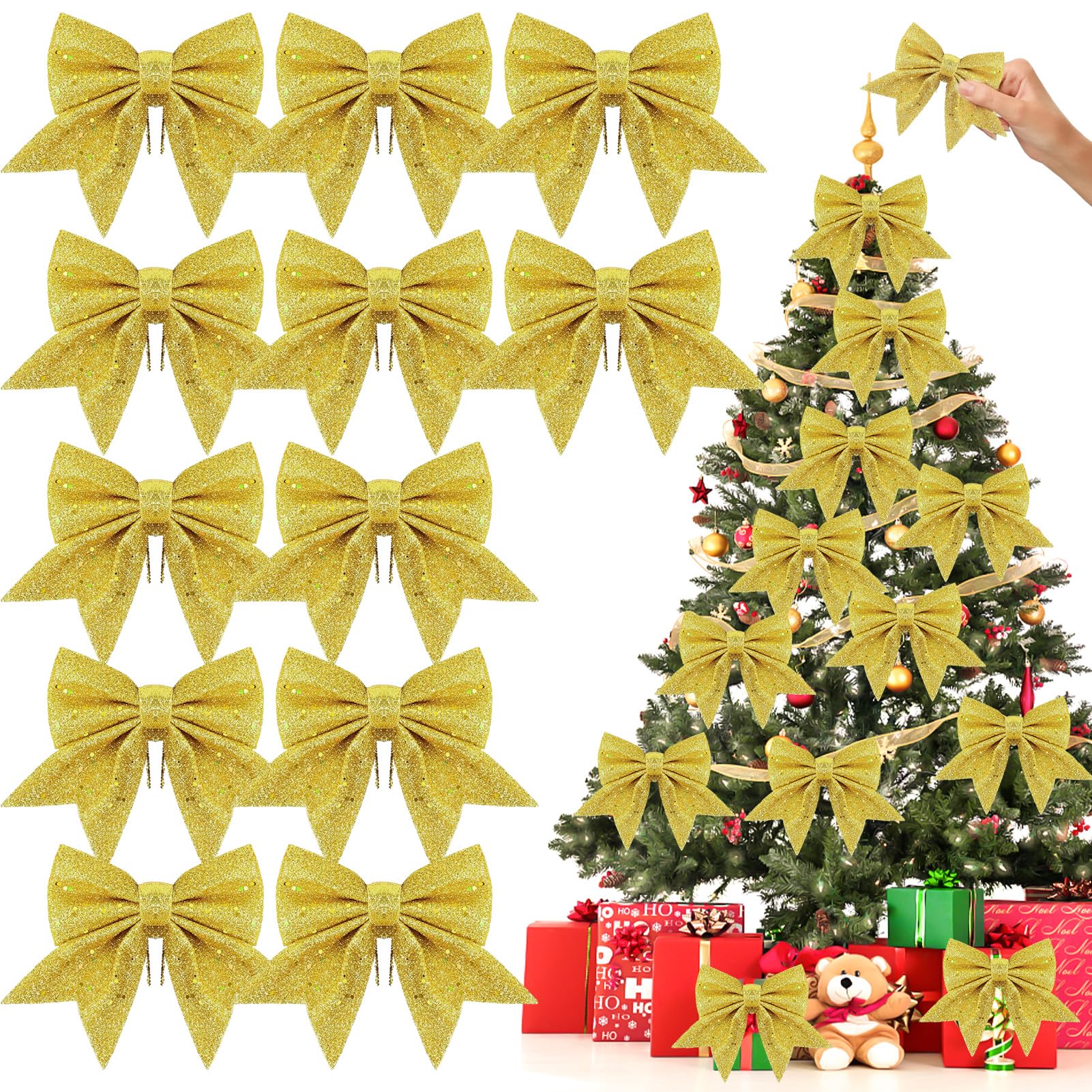 Pack of 12 Christmas Bows, 18 x 13 cm Christmas Bows Christmas Bow Ribbon Glitter Bow Christmas Tree Decoration, Christmas Wreath, Christmas Party Decoration, DIY Crafts (Gold)