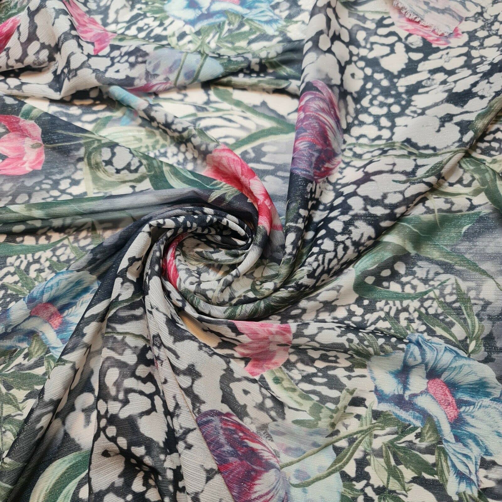 Lurex Floral Soft Crinkle Chiffon Crepe Material Dress Drape Craft Fabric 58" (Pre Cut 1 Meter) (Multi Floral)