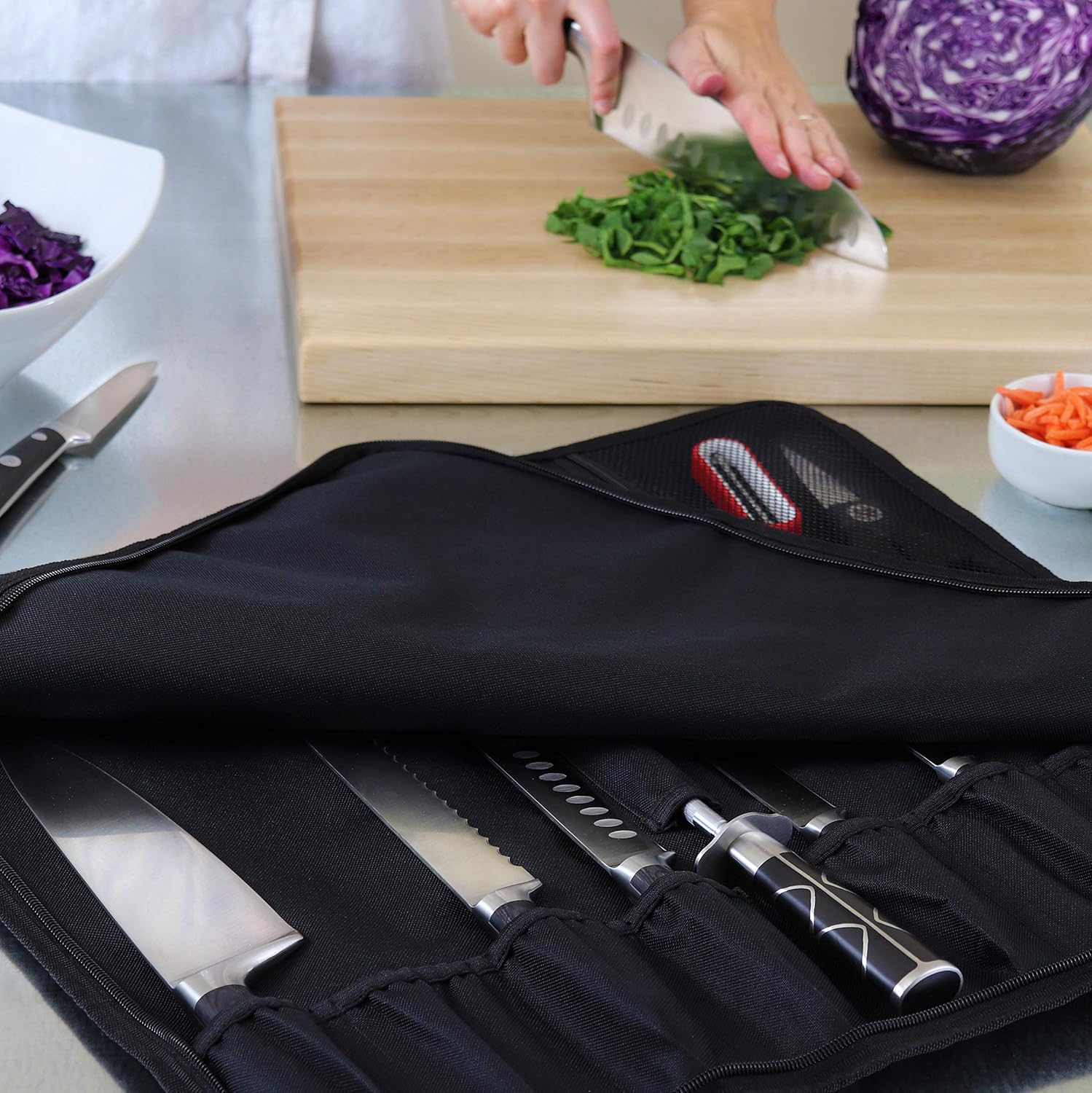 Chef Knife Bag (8+ Slots) is Padded and Holds 8 Knives PLUS Your Meat Cleaver, Knife Steel, 4 Utensils, and a Zipped Pouch for Tools! Durable Knife Carrier also Includes a Name Card Holder. (Bag Only): Kitchen & Dining