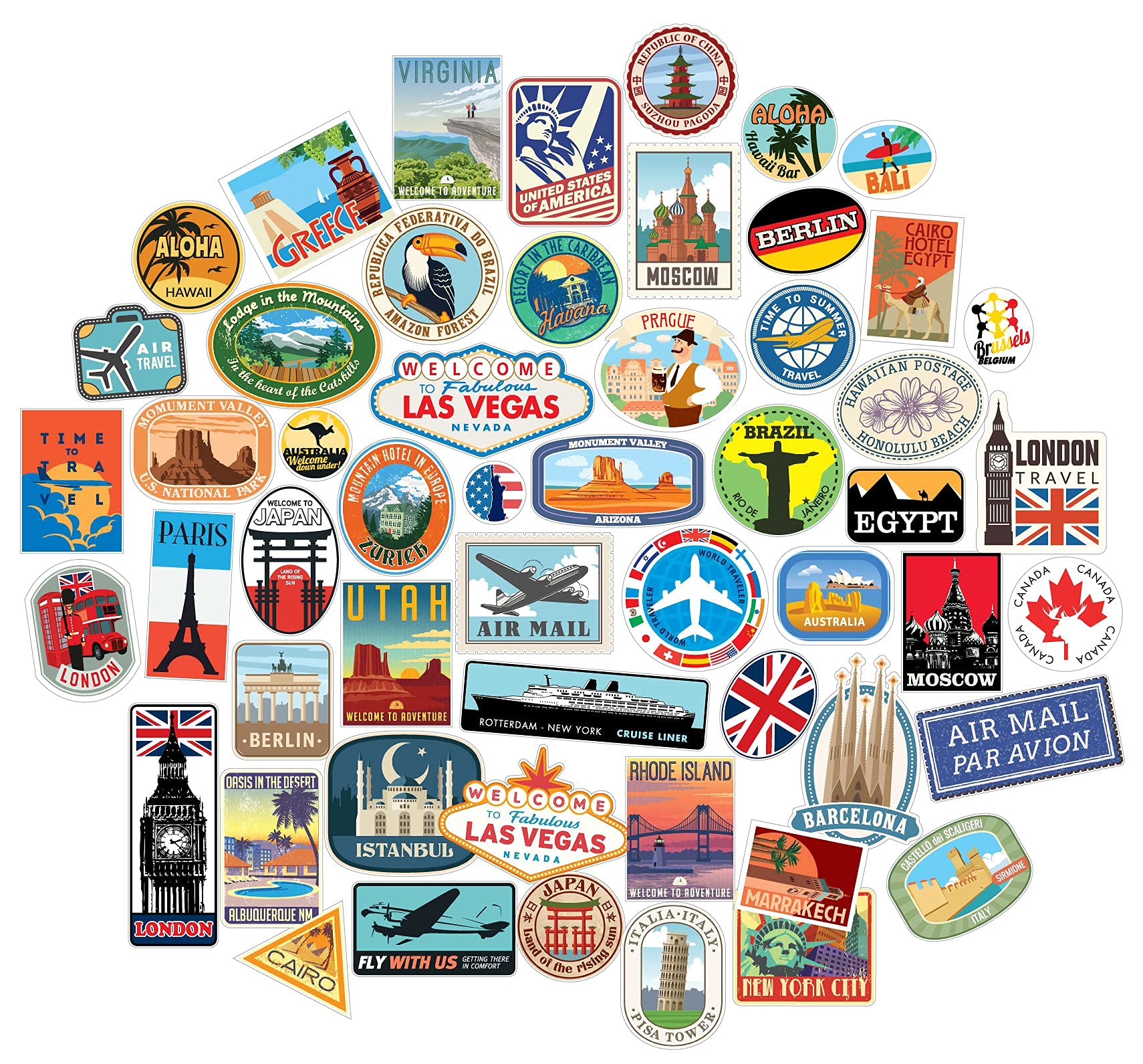 Luggage Stickers 54x Suitcase Patches Vintage Travel Labels Retro Vintage Graffiti car stickerbomb Style Vinyl Decals Door Skateboard Cafe Fridge Patches