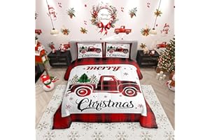 Manfei Xmas Truck Comforter Set King Size, Christmas Tree Snowflake Print Bedding Set 3pcs for Kids Boys Girls Bedroom Decor,