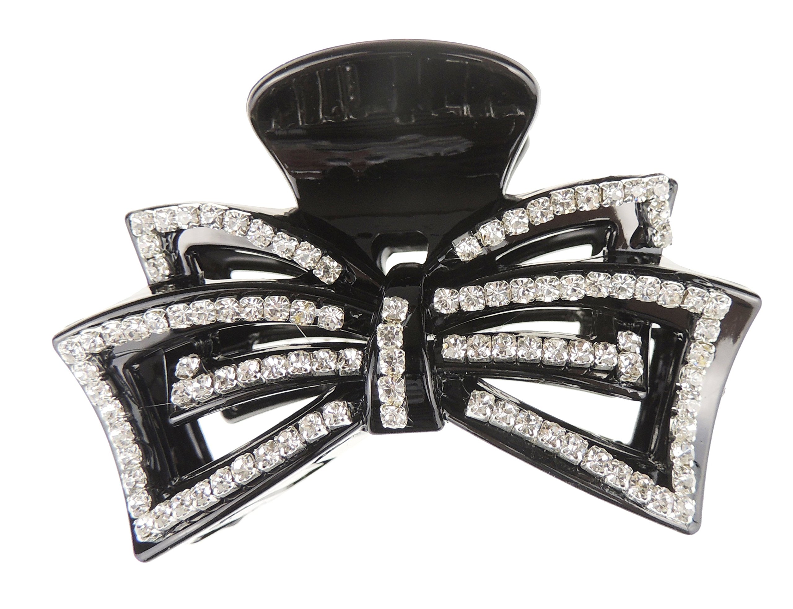 Extra Sparkly Women Girls Crystal Diamante Rhinestone Gems Bridal Wedding Evening Party Styling Fine Thin Hair Accessories Butterfly Claw Jaw Clip Octopus Clamp 9cmStraight Bow (Black)