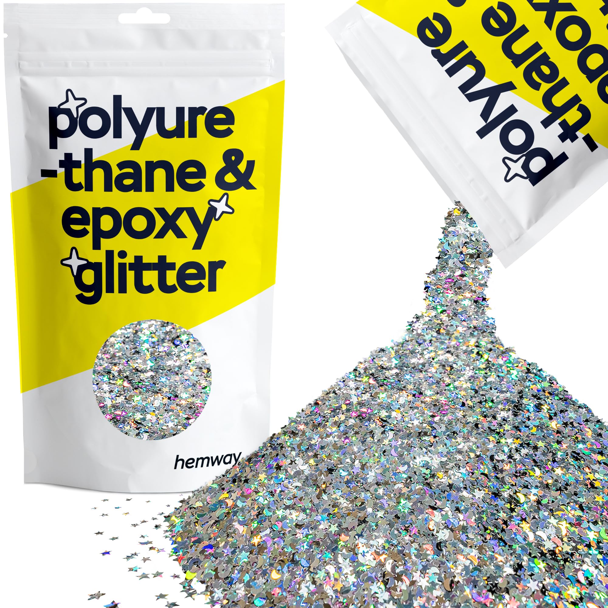Hemway Resin Glitter Silver Holographic Stars & Moons 100g | Polyurethane & Epoxy Glitter for Resin Crafts, Tumblers, Coasters, Floor & Table Art