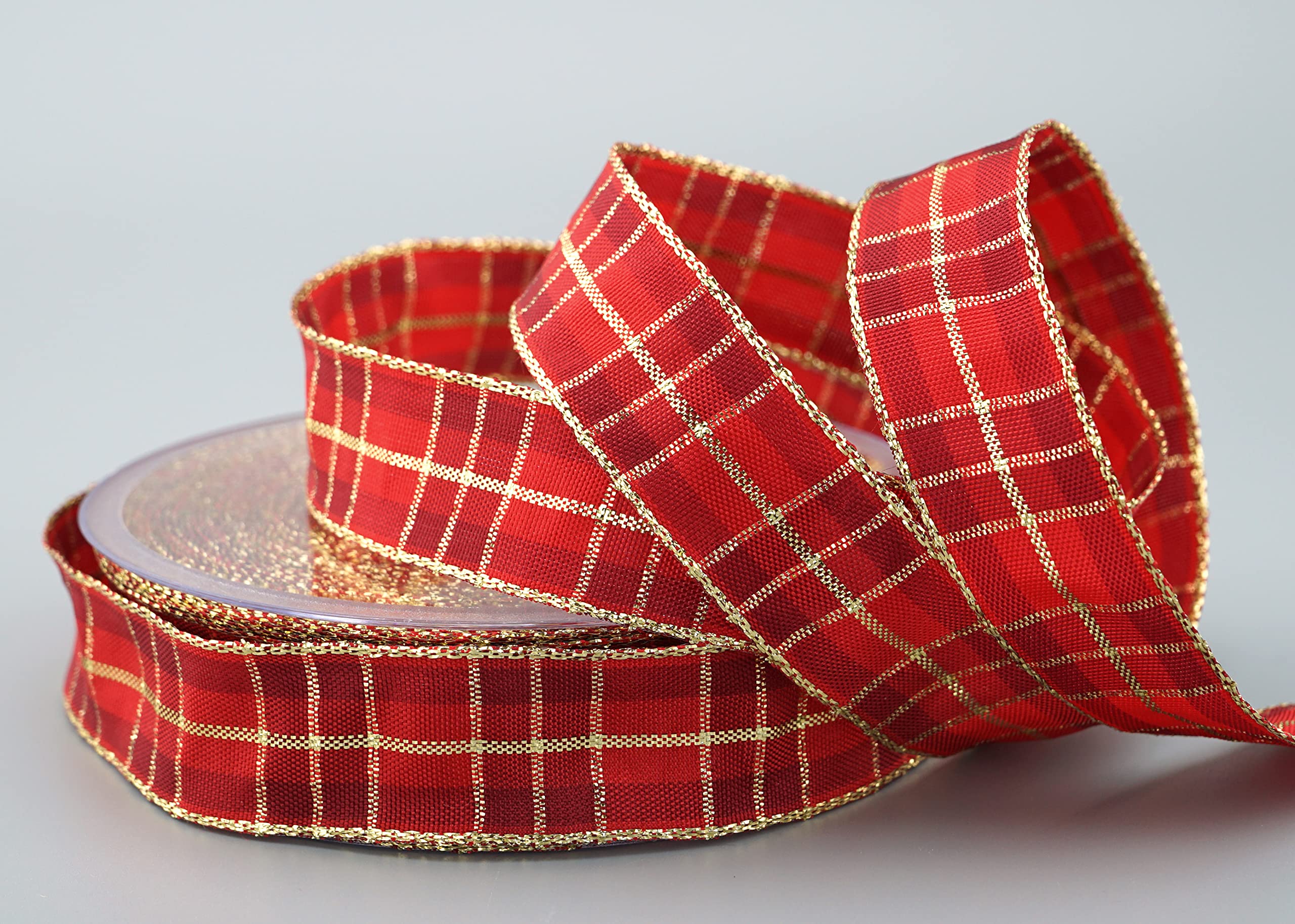 finemark 20 m x 25 mm chequered Christmas ribbon red gold (151) with lurex wire edge ribbon, decorative ribbon, gift ribbon, tartan, shiny ribbon, gold edge, wire ribbon, winter Christmas check